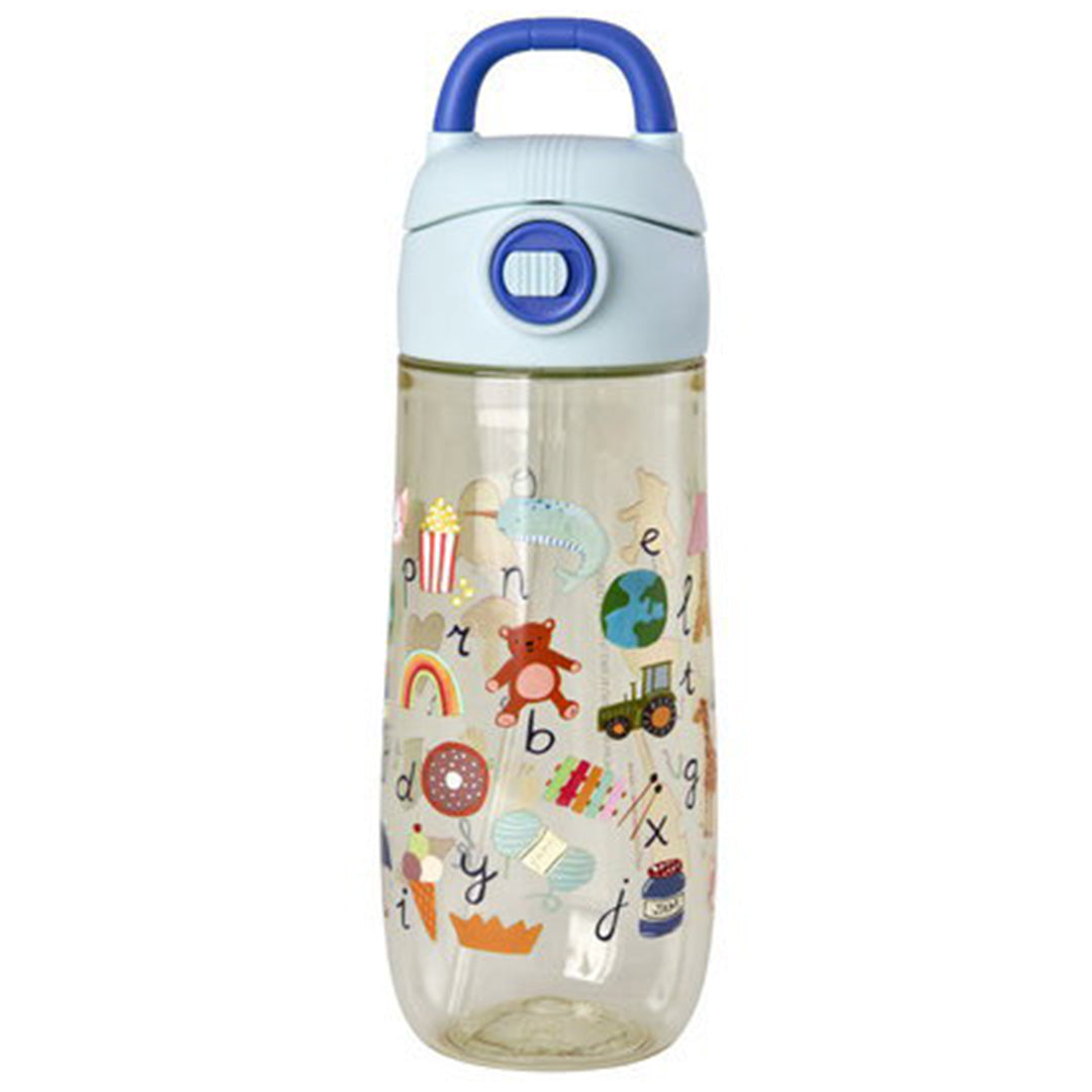 rice kinder drinkfles met blauwe dop en kleurrijke ABC-illustraties.