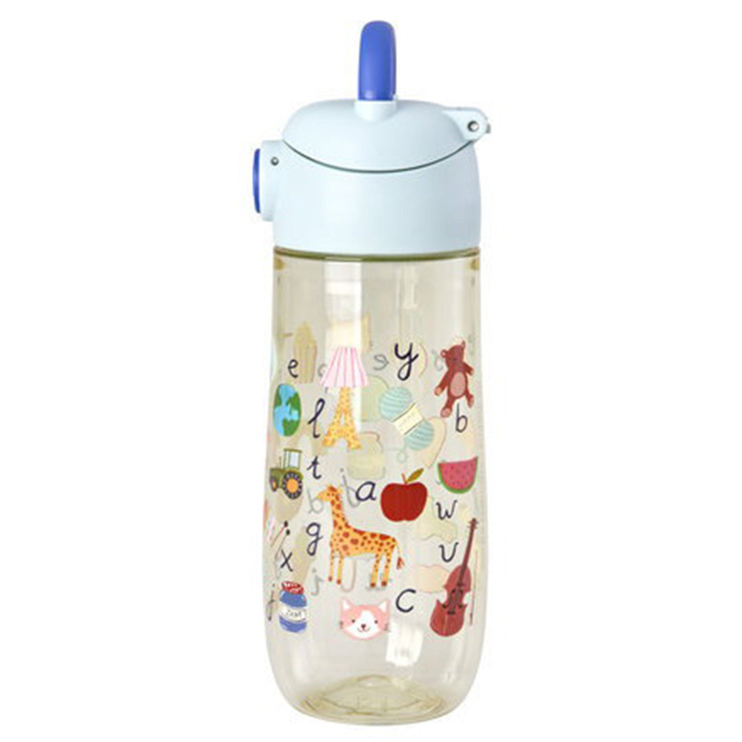 Achterkant van de rice kinder drinkfles met blauwe dop en kleurrijke ABC-illustraties.