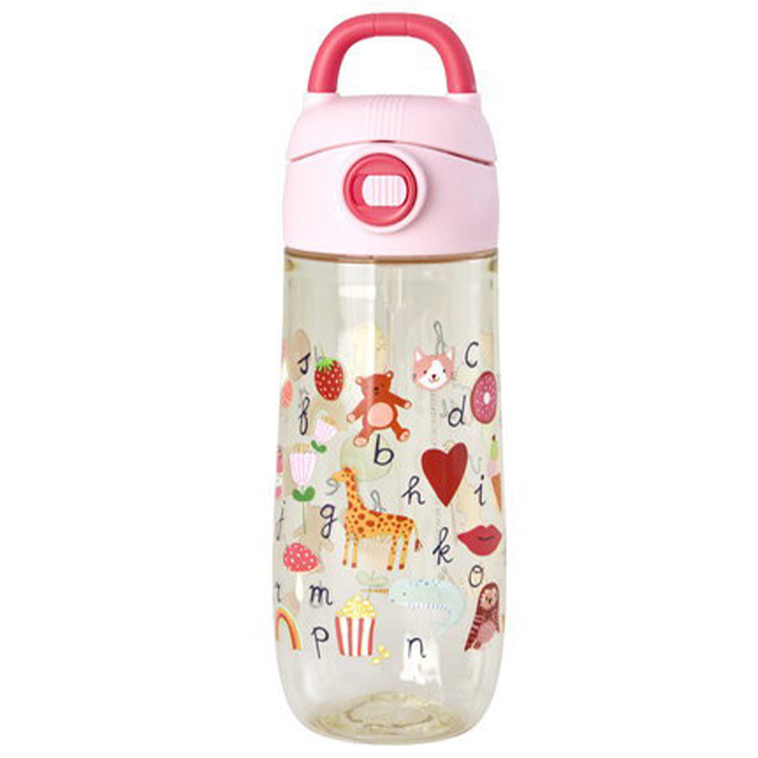 Roze rice drinkfles met abc-figuren en een roze dop met handvat.