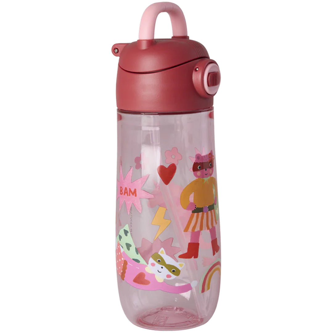 rice kinder drinkfles met roze dop en superheldenfiguren.