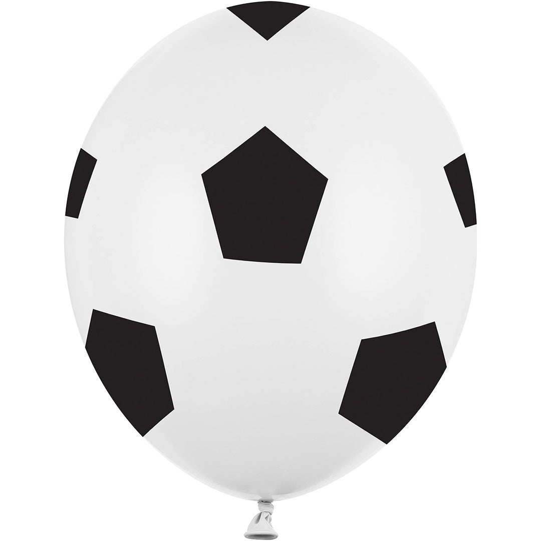 Partydeco voetbalballon van latex, wit met zwarte vlakken.