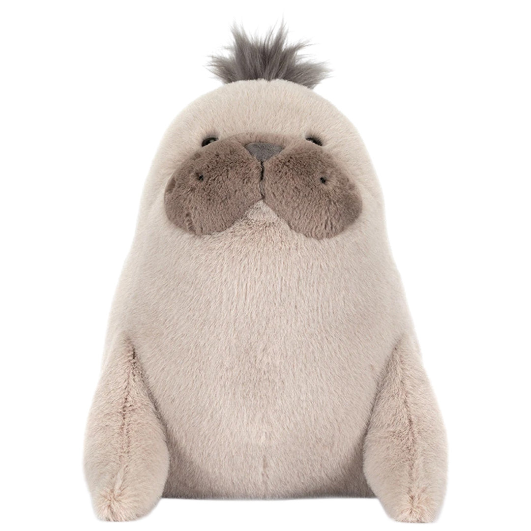 Jellycat pluchen zeehond knuffel in beige kleur, recht van voren gefotografeerd.