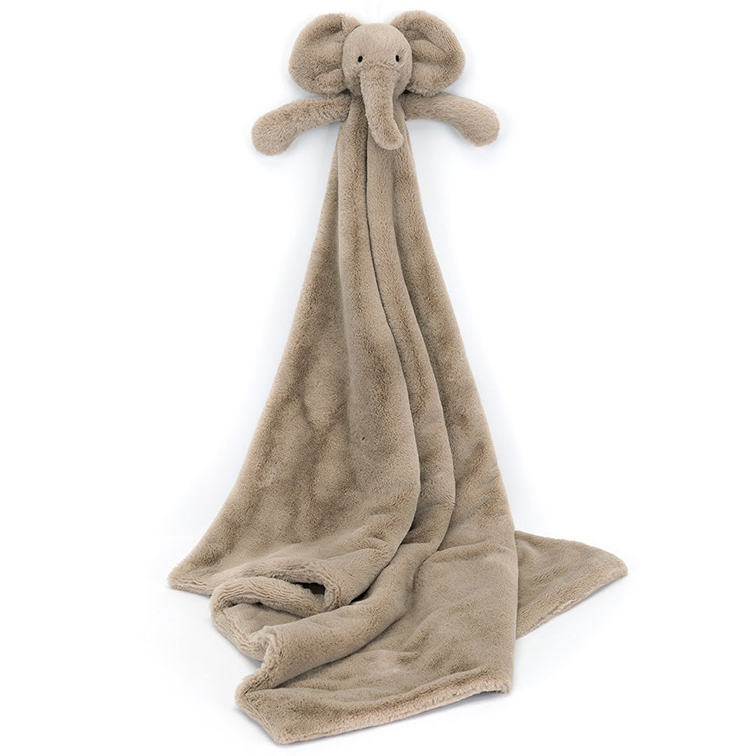 Een grijs Jellycat knuffeldekentje met een olifantenkopje en armpjes, hangend.