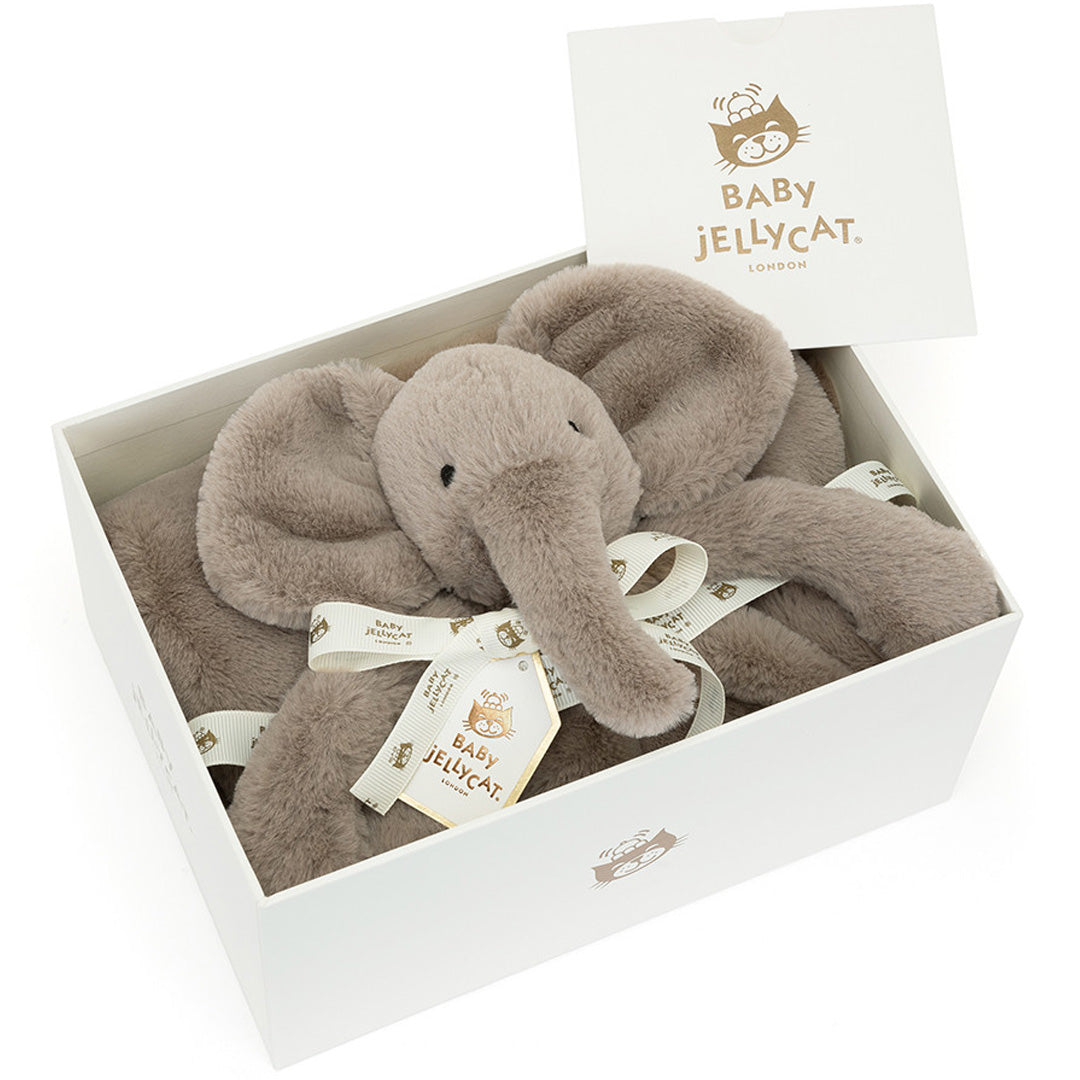 Jellycat knuffeldekentje Smudge olifant in een witte geschenkverpakking.