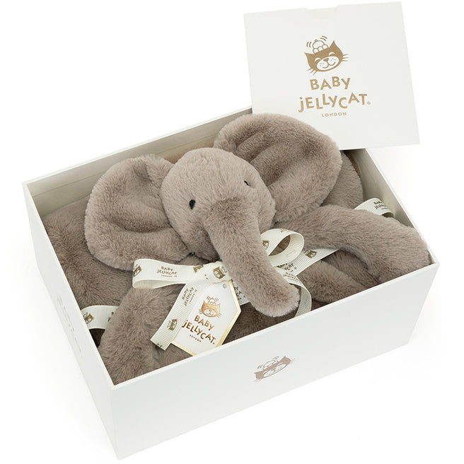 Jellycat knuffeldekentje Smudge olifant in een witte geschenkverpakking.
