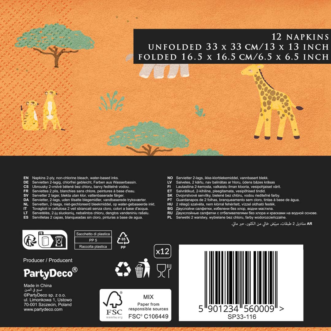 Achterkant van de PartyDeco verpakking van de safari servetten met productinformatie en een barcode.