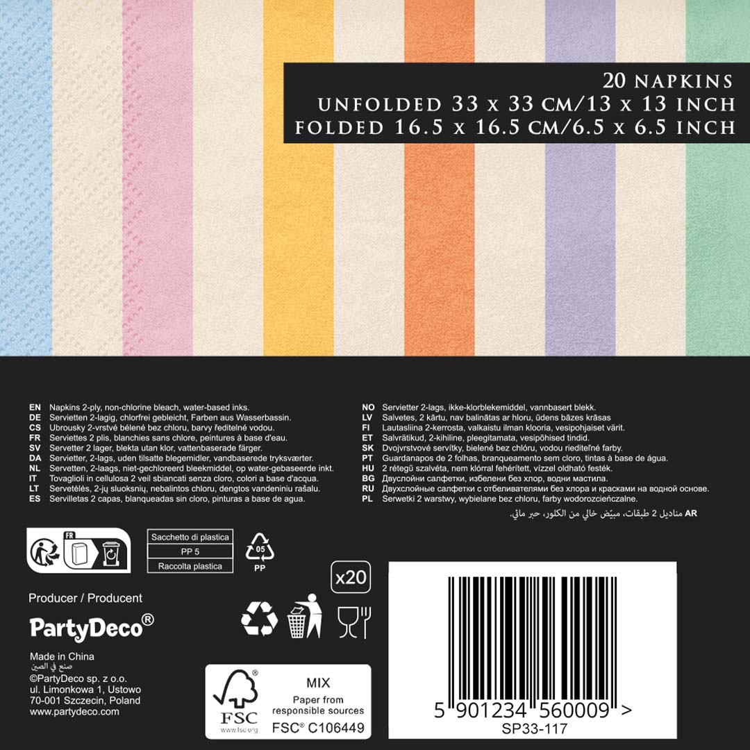 Verpakking van Partydeco gestreepte cocktailservetten met productinformatie en barcode.