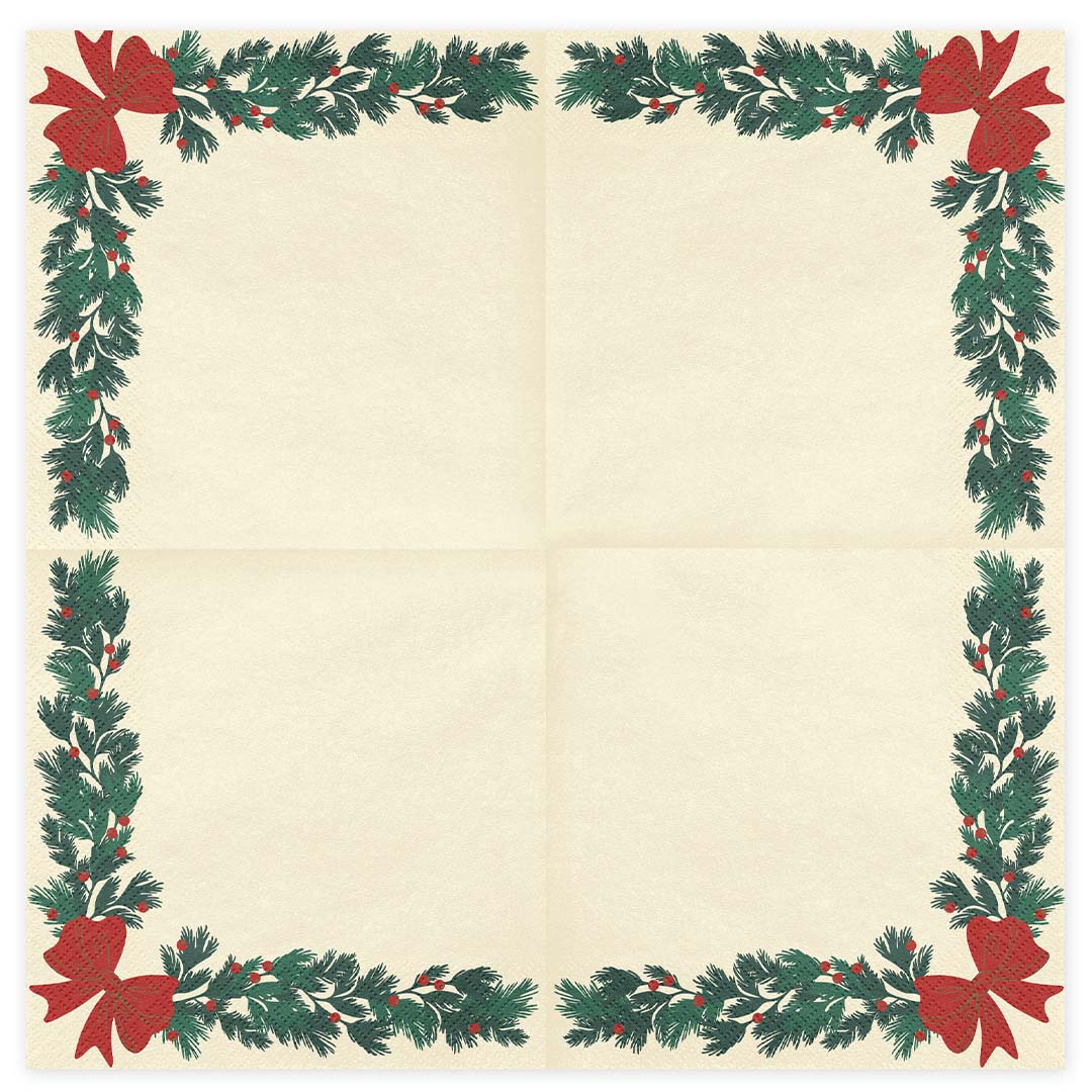 Partydeco servet met kerstgarlande patroon en rode strikken in elke hoek, volledig uitgevouwen.