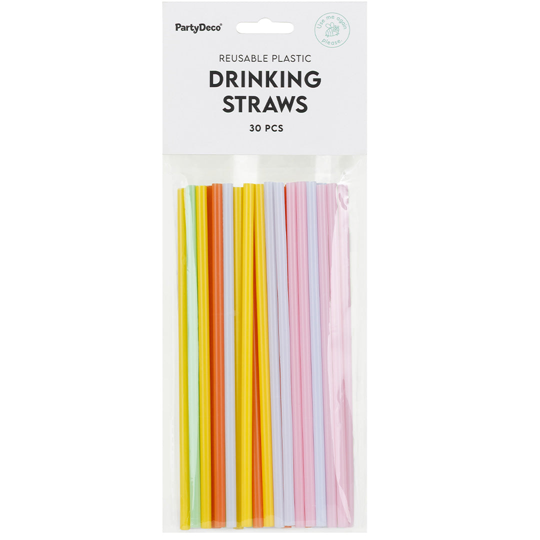 Verpakking van PartyDeco herbruikbare plastic drinkrietjes in diverse kleuren, 30 stuks.