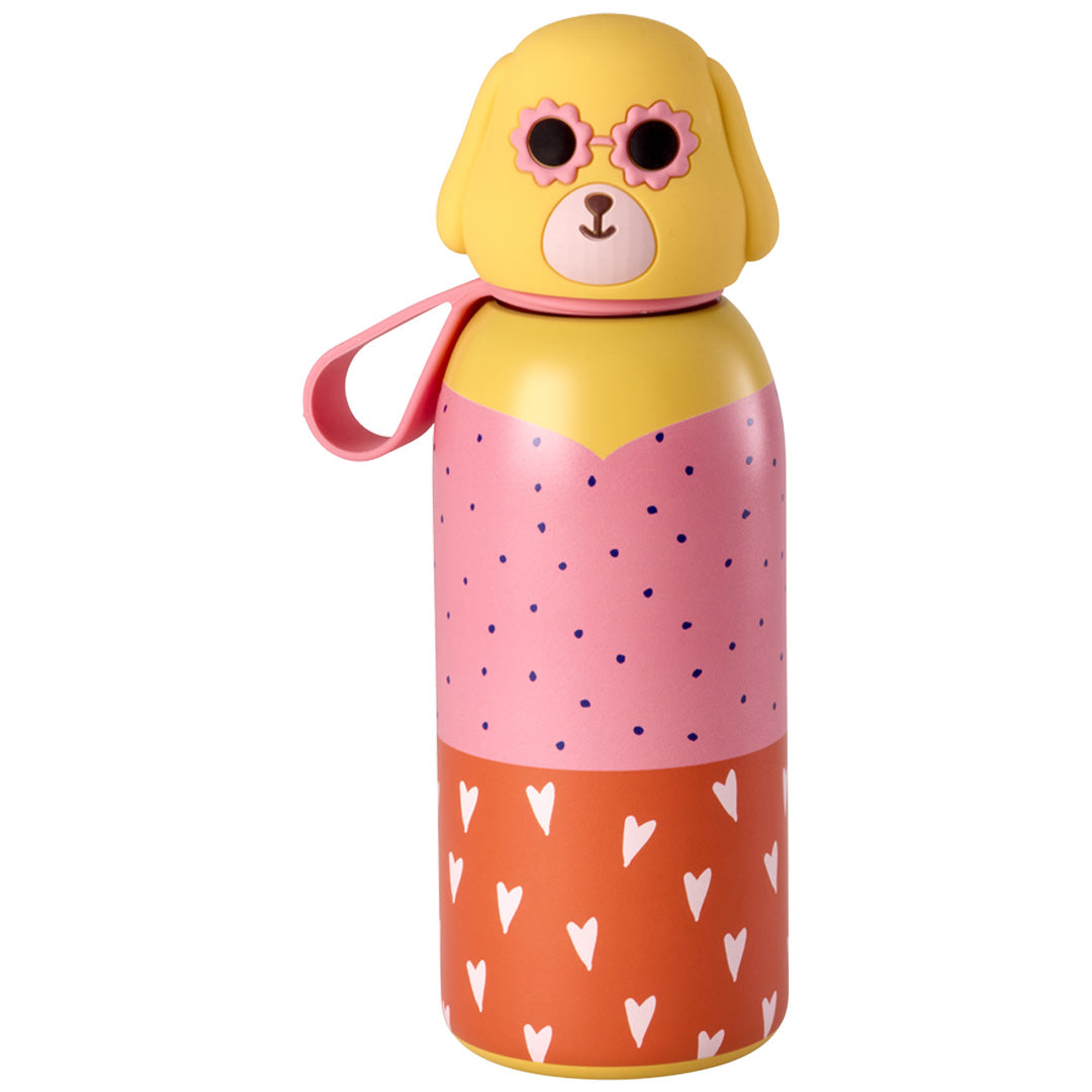 rice rvs thermos drinkfles met een geel hondenhoofd met zonnebril en een fles met roze stippen en oranje harten.