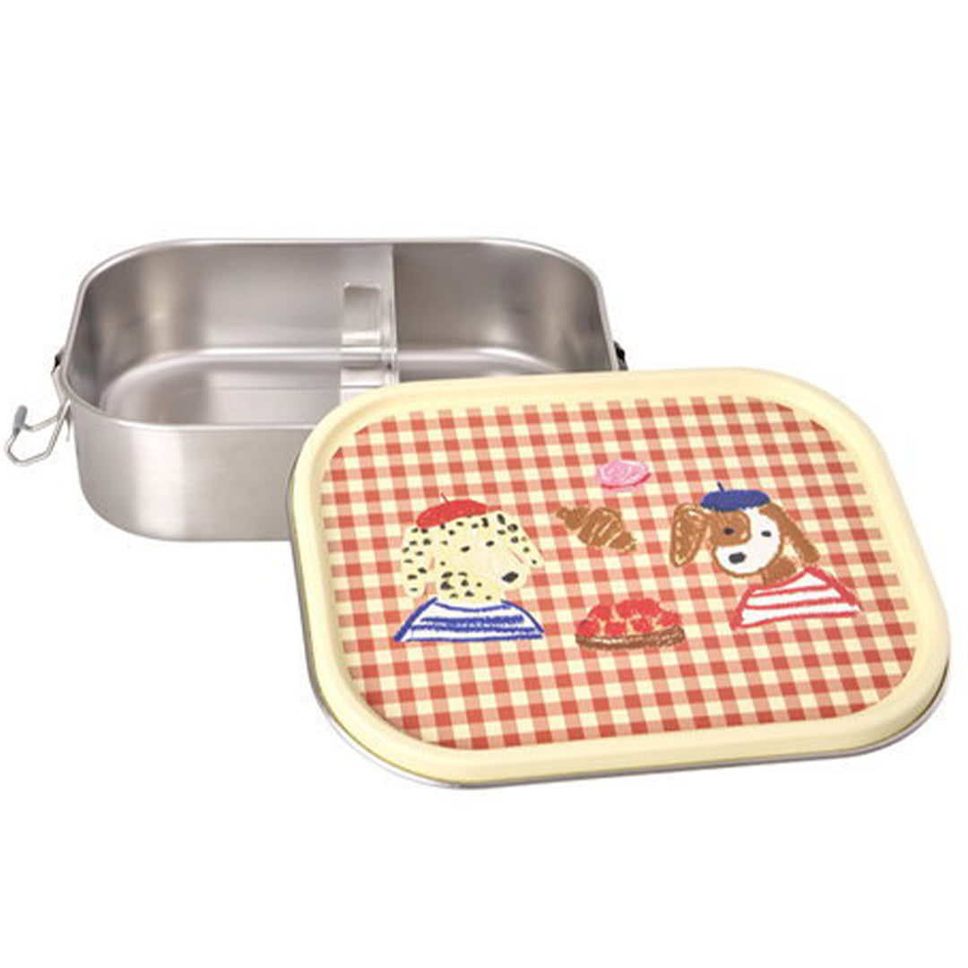 Open rice rvs kinderbroodtrommel met uitneembare verdeler en deksel met Parijse hondenfiguren.