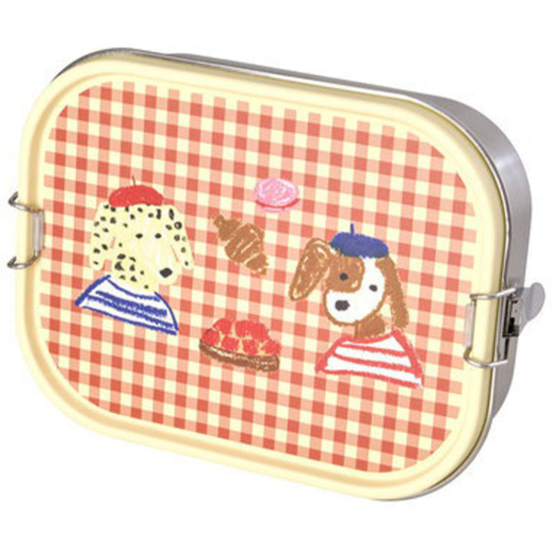 rice rvs kinderbroodtrommel met rood-wit geruite deksel en Parijse hondenfiguren.