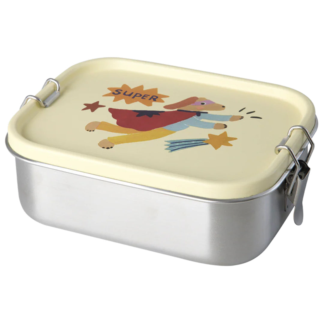 rice roestvrijstalen broodtrommel met crème deksel en illustratie van een vliegende superheld hond.