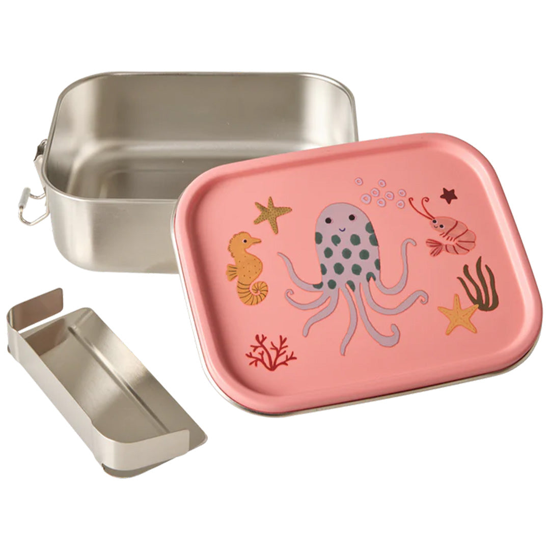 rice roestvrijstalen broodtrommel met roze deksel met zeedieren en een los tussenschot.