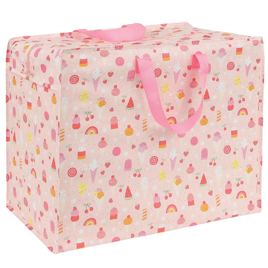 Roze a little lovely company opbergtas met een patroon van ijsjes, fruit en regenbogen.