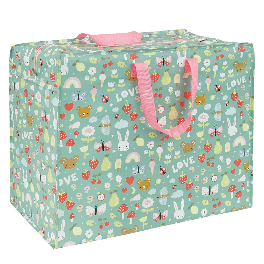 a little lovely company XL opbergtas met groen patroon van dieren, bloemen en regenbogen.