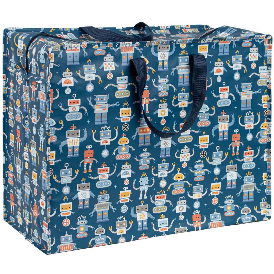 Een a little lovely company marineblauwe opbergtas met robotpatroon, schuin van voren gefotografeerd.