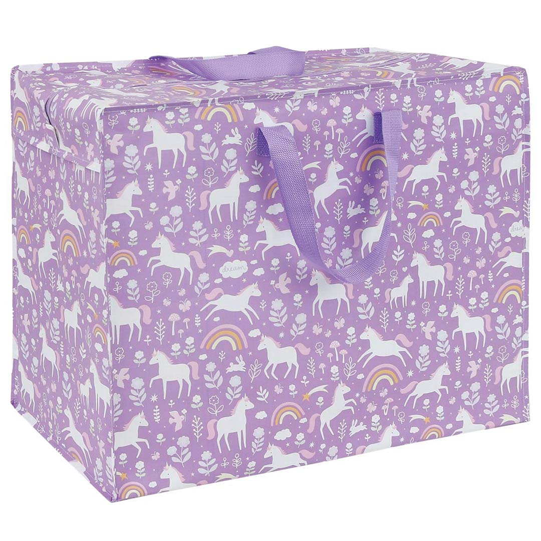 a little lovely company XL opbergtas met paarse eenhoorn, regenboog en bloemenprint.