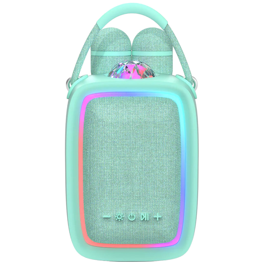 mob karaokeset speaker met twee opgeborgen microfoons en LED-verlichting aan de voorkant.