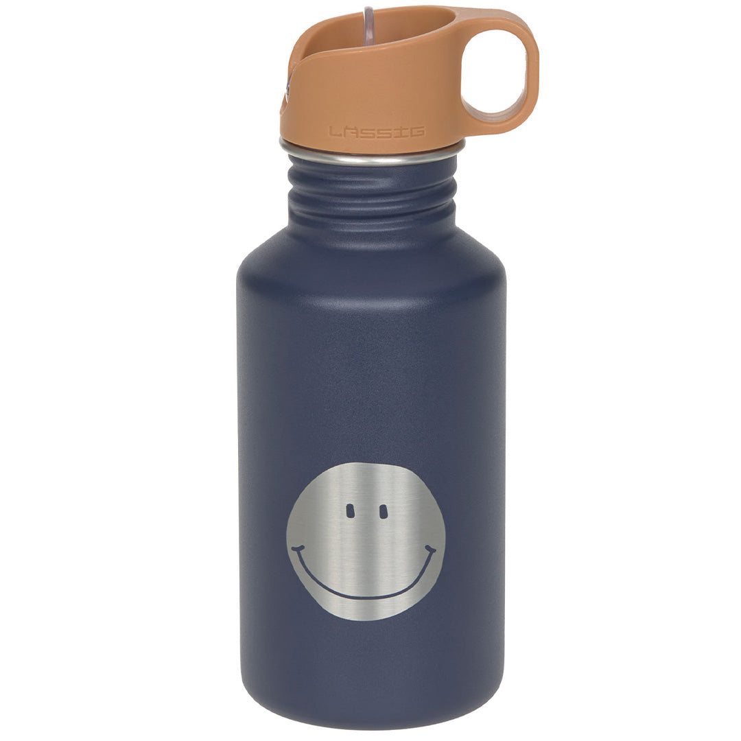 Lässig RVS kinder drinkfles in marineblauw met een zilveren smile-gezicht en een bruine dop.