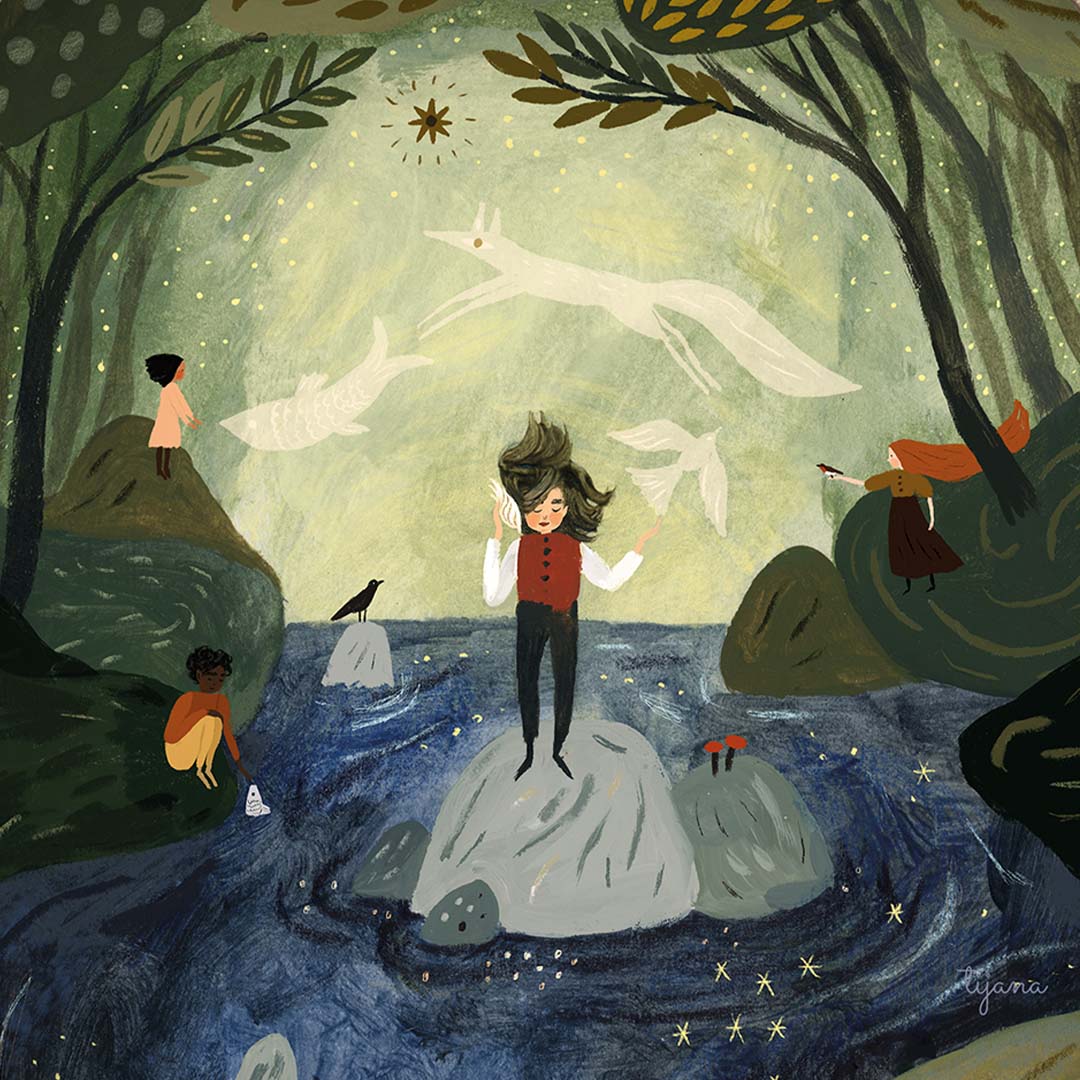 Illustratie van een droomwereld met een kind op een rots in een rivier, omringd door zwevende dieren en andere kinderen in een bos.