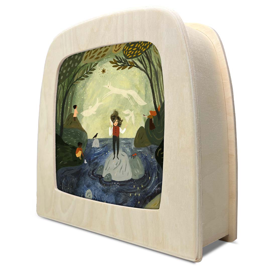 Zijaanzicht van de Toverlux toverplaat 'Schelp' met een droomwereld illustratie in een houten lijst.