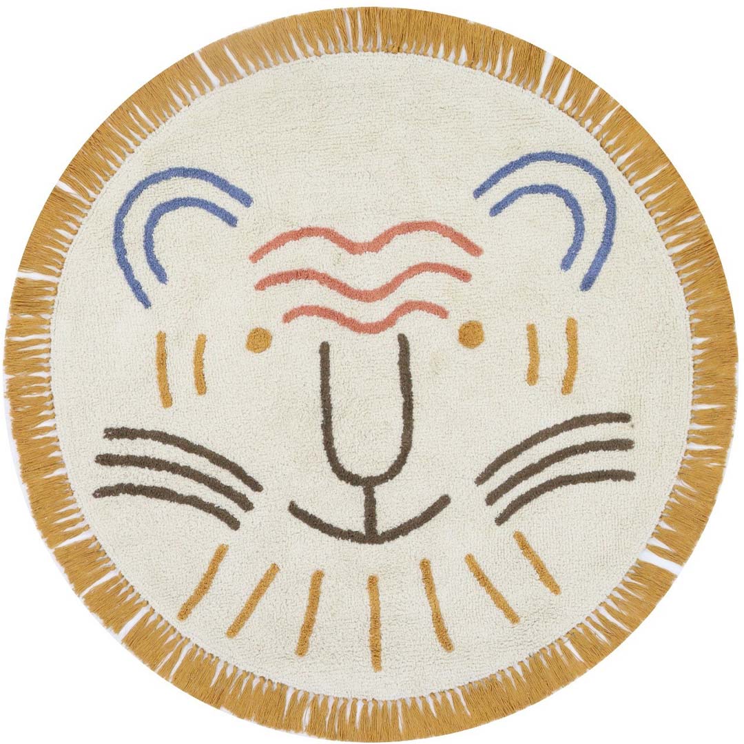 Rond tapis petit vloerkleed met een beige leeuwenkop en franjes.