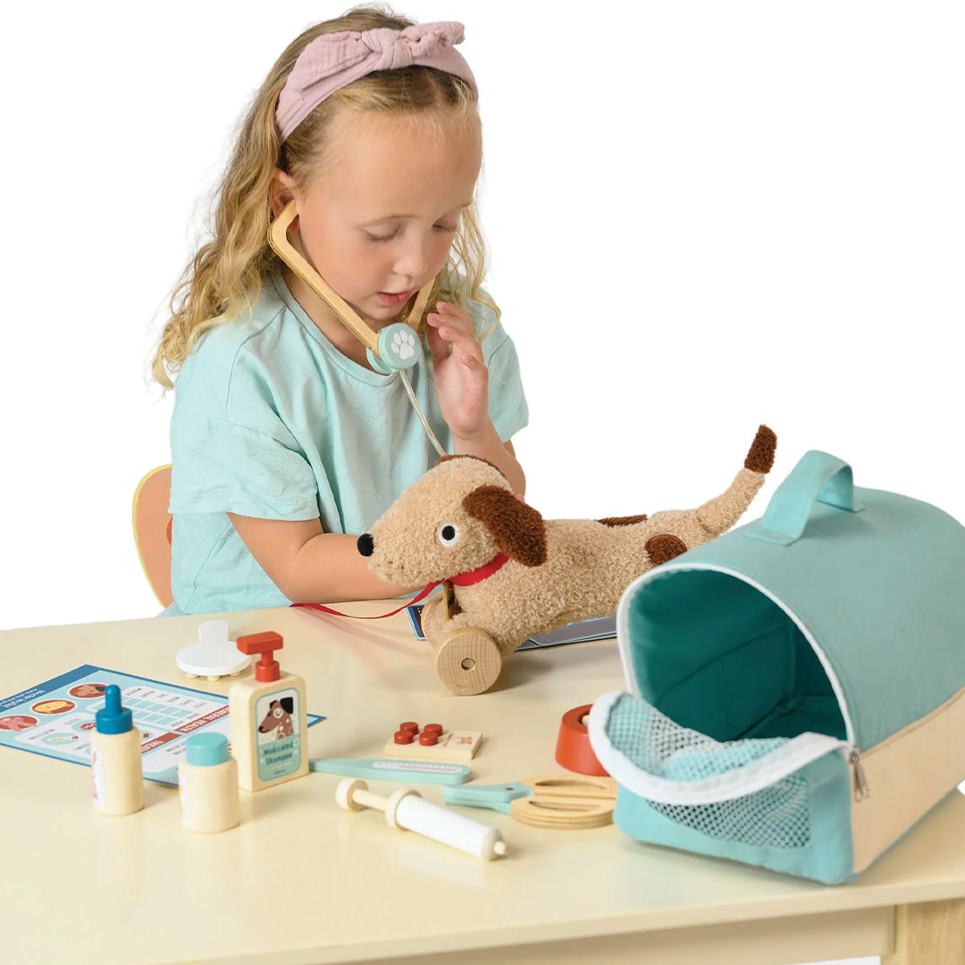 Een meisje speelt met de Tender Leaf Toys dierenarts speelset en onderzoekt een pluchen hond met een houten stethoscoop.