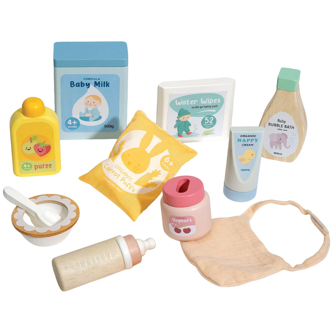 Tender Leaf Toys houten poppenverzorgingsset met babyvoeding, verzorgingsproducten en een flesje.