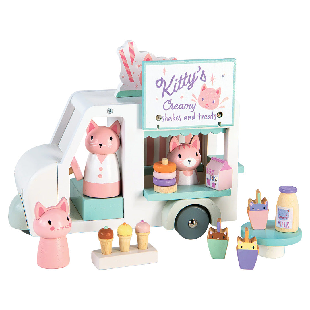 Tender Leaf Toys Kitty's milkshake wagen speelset met kattenfiguren en diverse milkshake-accessoires.