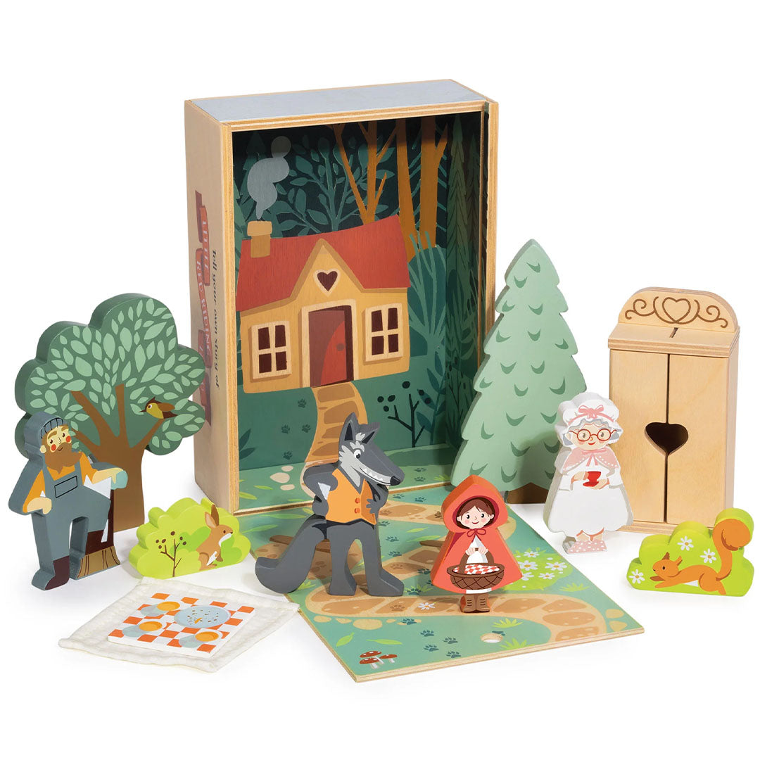Tender Leaf Toys Roodkapje speelset met houten figuren van Roodkapje, de wolf, oma, de jager en een huisje.