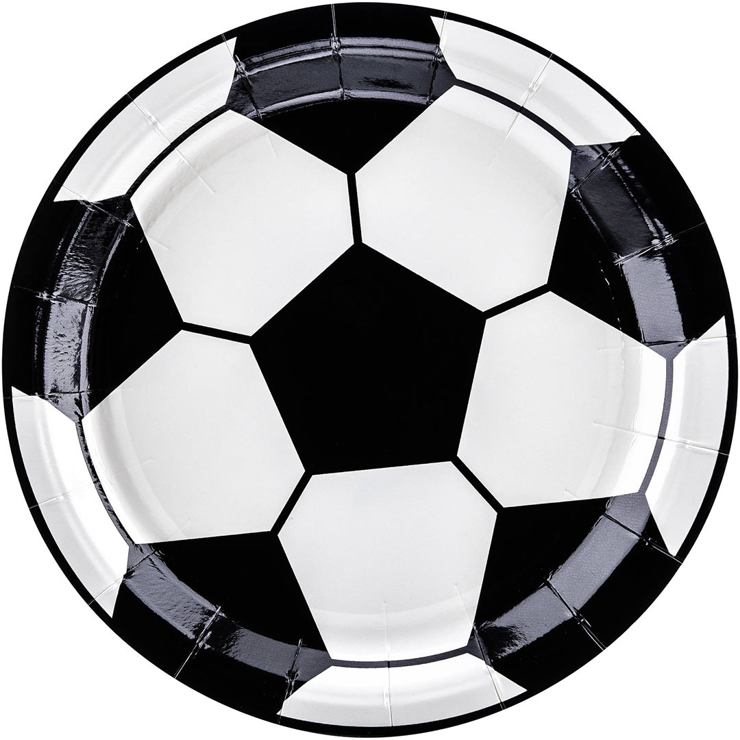 partydeco rond feestbordje met zwart-wit voetbalpatroon.