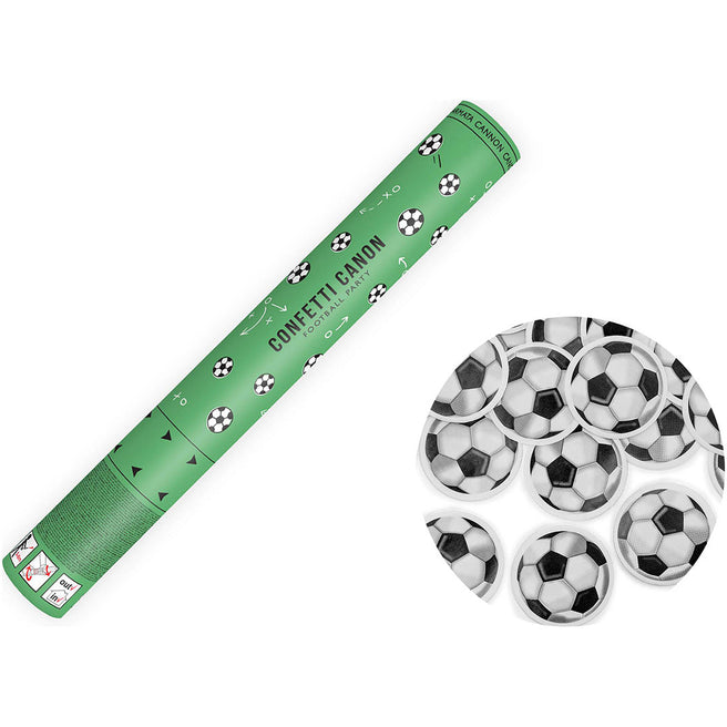 Partydeco groene confetti popper met voetbalthema en losse voetbalconfetti.
