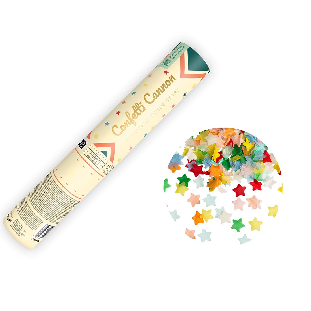 Partydeco confettikanon met kleurrijke sterconfetti ernaast.