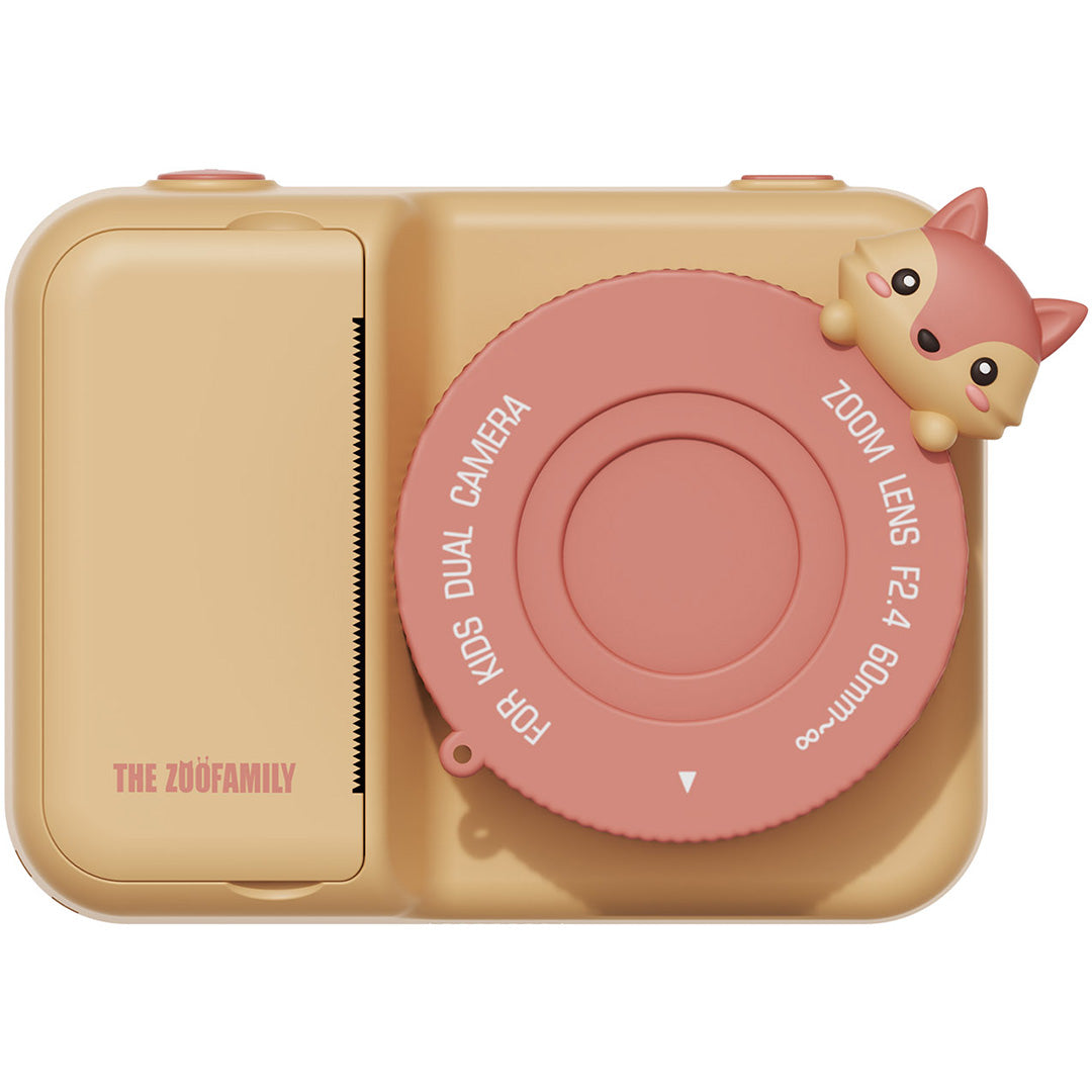 De The Zoofamily kindercamera met thermische printer in beige en roze, met een vosje op de lens.