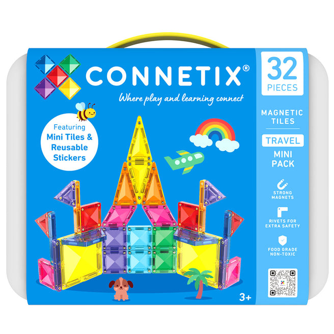 Verpakking van de Connetix magnetische tegels mini reisset met een voorbeeld van een gebouwde constructie en illustraties van een bij, vliegtuig en regenboog.
