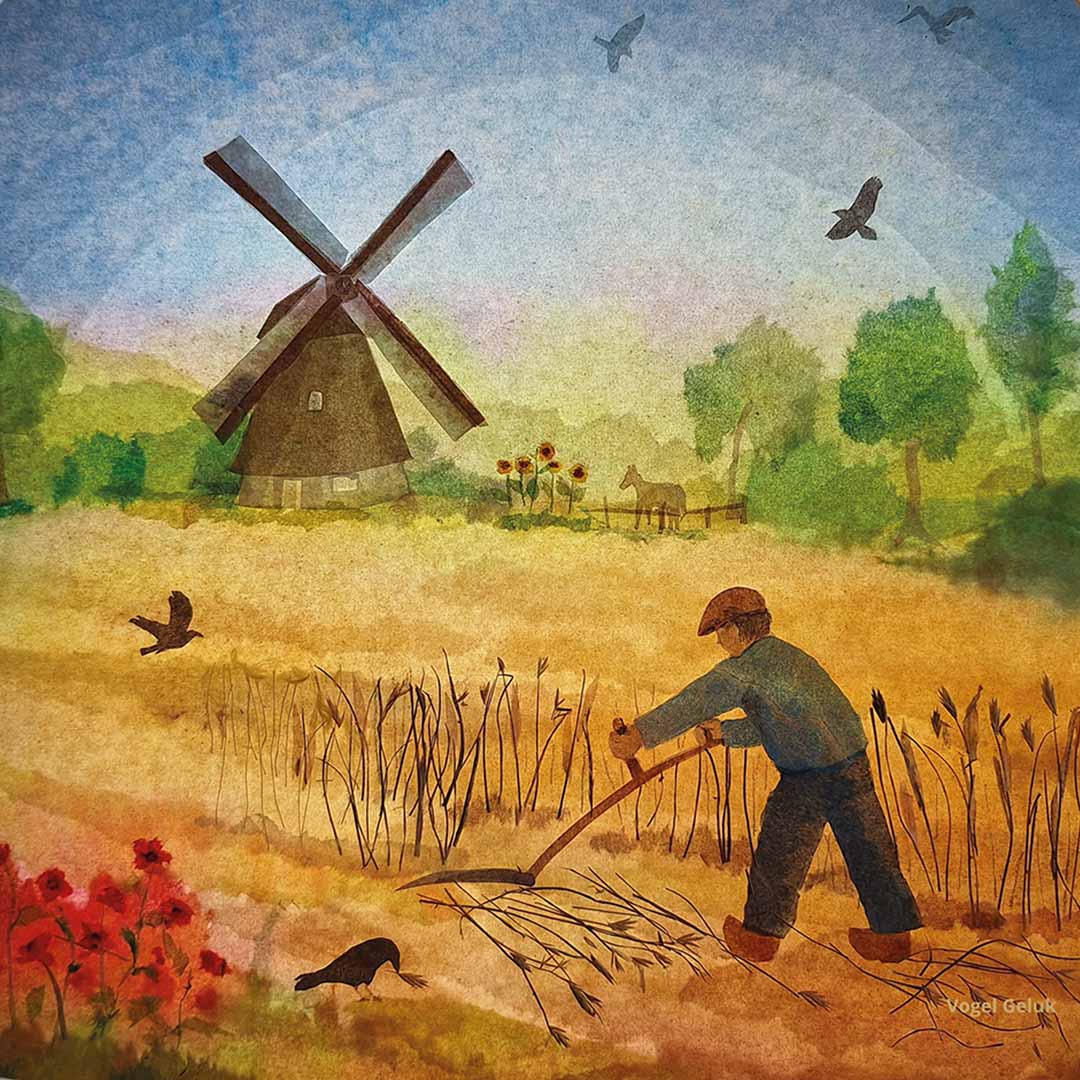 Toverlux toverplaat met een schildering van een molen, een man die graan maait en vogels in een landschap.