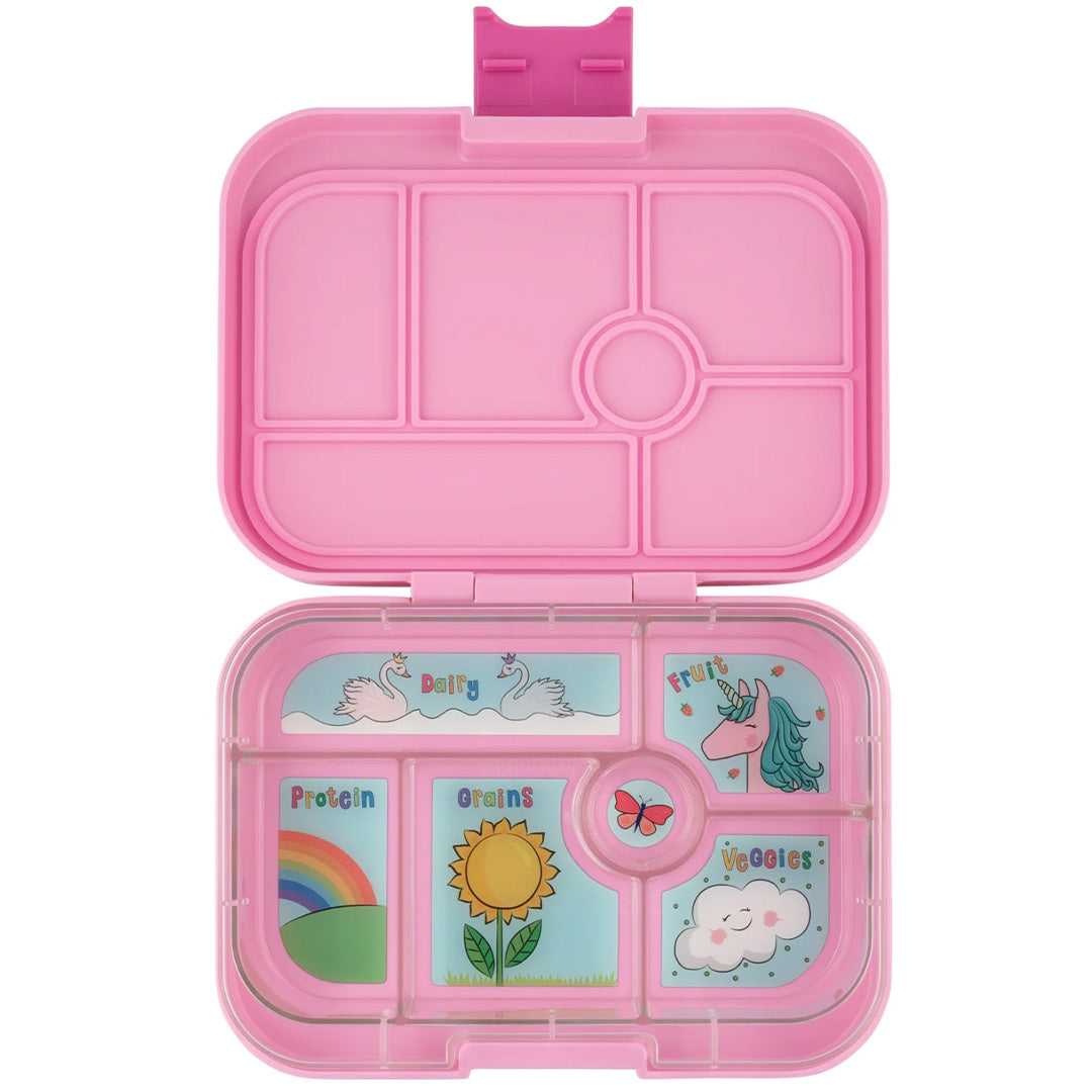 Yumbox broodtrommel met 6 vakken en illustraties van een eenhoorn en andere thema's.