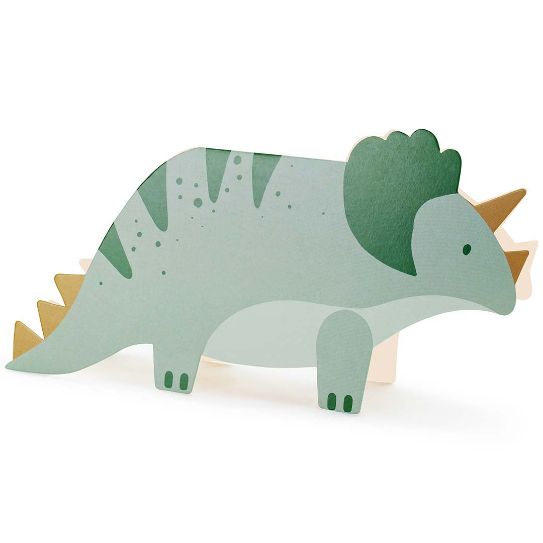 Partydeco triceratops verjaardagsuitnodiging in lichtgroen en donkergroen met gouden hoorns.
