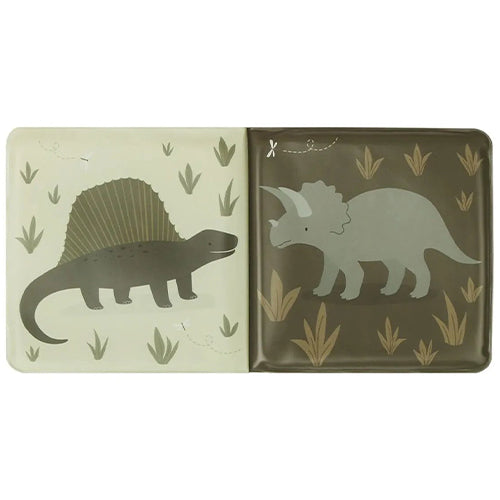 Twee open pagina's van het dinosaurus badboekje met een Spinosaurus en een Triceratops.
