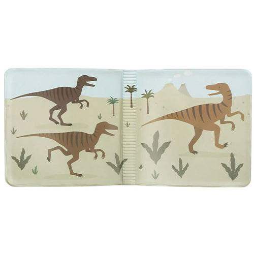 Twee open pagina's van het dinosaurus badboekje met meerdere raptor-achtige dinosaurussen in een prehistorisch landschap.