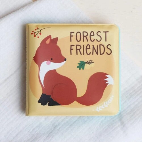 a little lovely company badboekje met een illustratie van een vos en de tekst 'Forest Friends' op een witte handdoek.