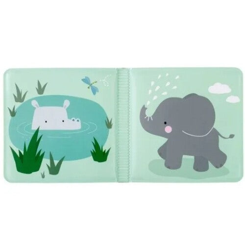 Twee open pagina's van het badboekje met illustraties van een nijlpaard en een olifant.