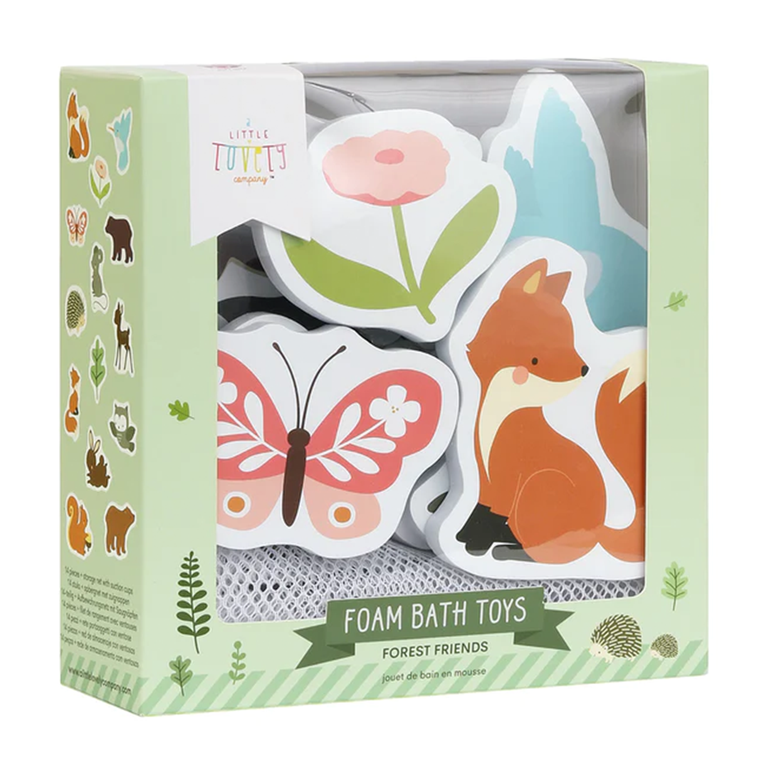 Verpakking van de a little lovely company badfiguren bosvriendjes, met een vos, vlinder en bloem zichtbaar.