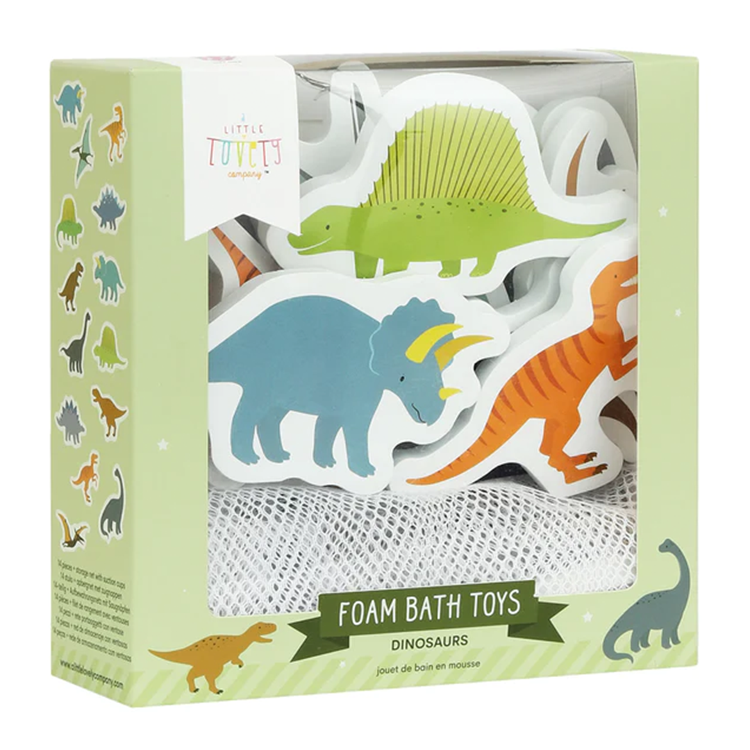 Verpakking van de a little lovely company schuim badfiguren met diverse dinosaurussen.