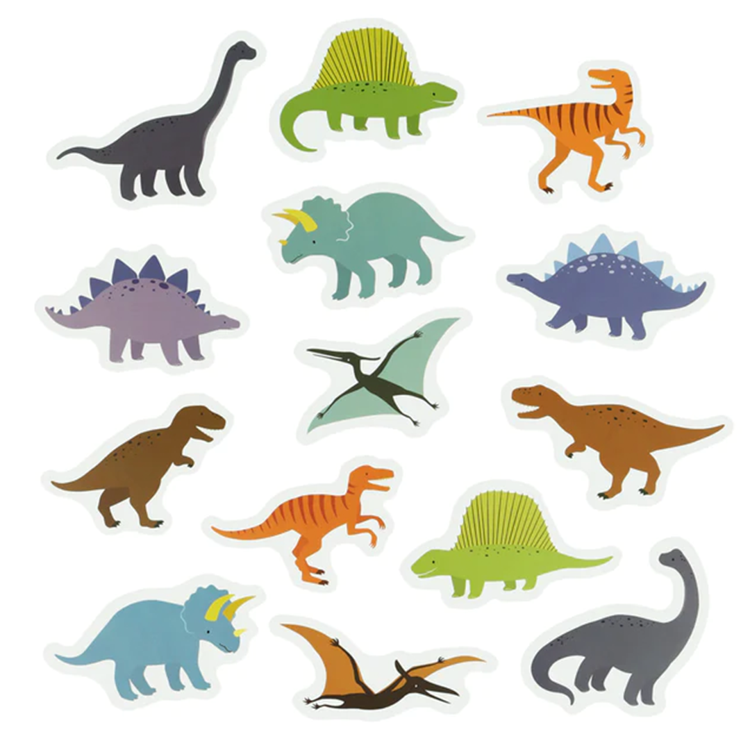 Een collectie van verschillende kleurrijke schuim dinosaurussen badfiguren.