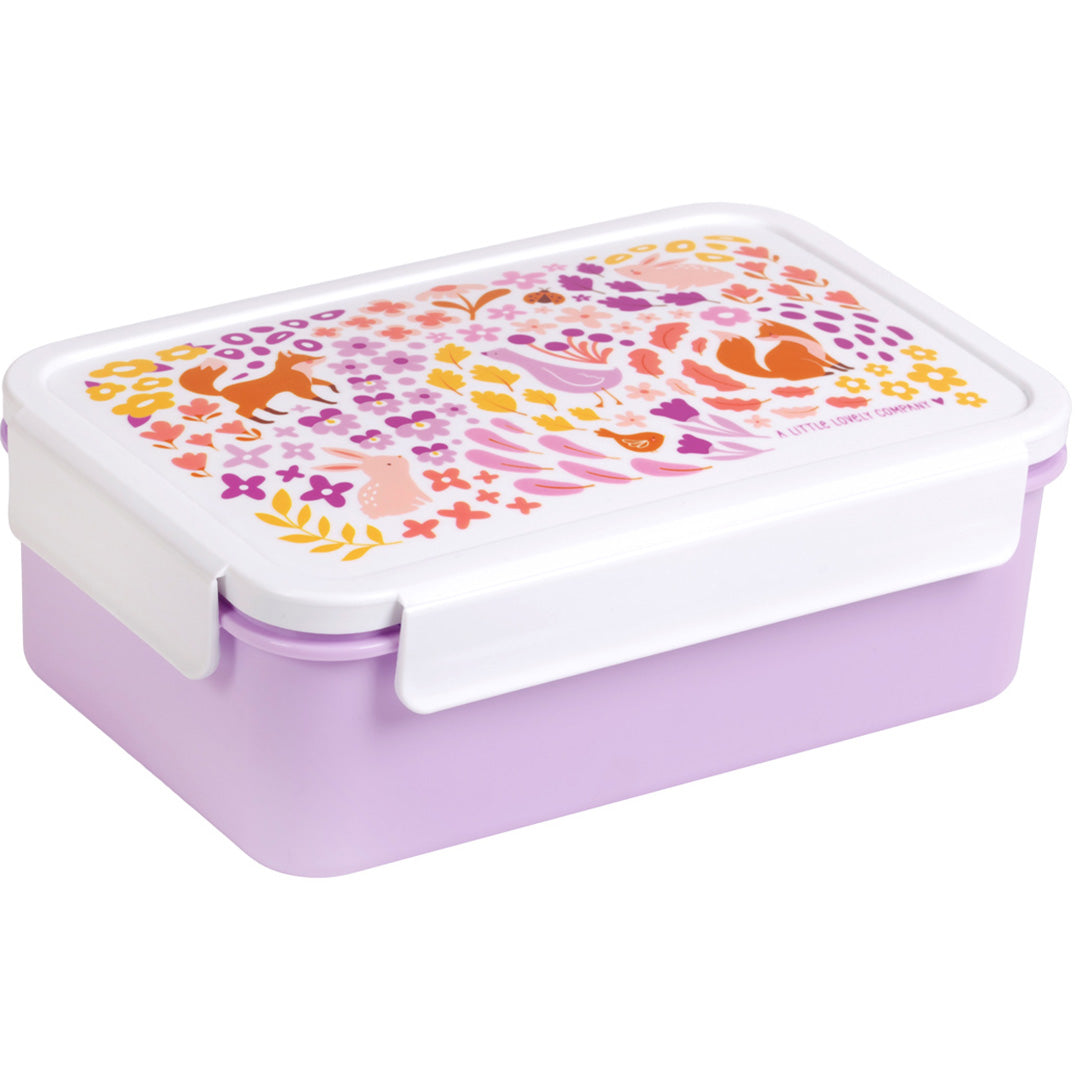 A Little Lovely Company kinder bento broodtrommel in paars met een deksel met bloemen- en dierenpatroon.