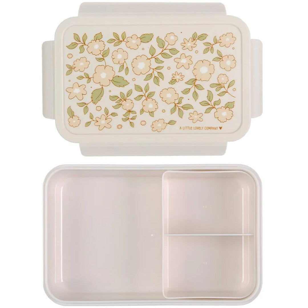 A Little Lovely Company roze broodtrommel voor kinderen, open met deksel en vakjesblad.