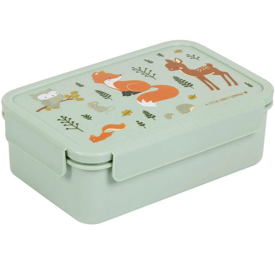 A little lovely company groene broodtrommel voor kinderen met bosdierenprint op de deksel.