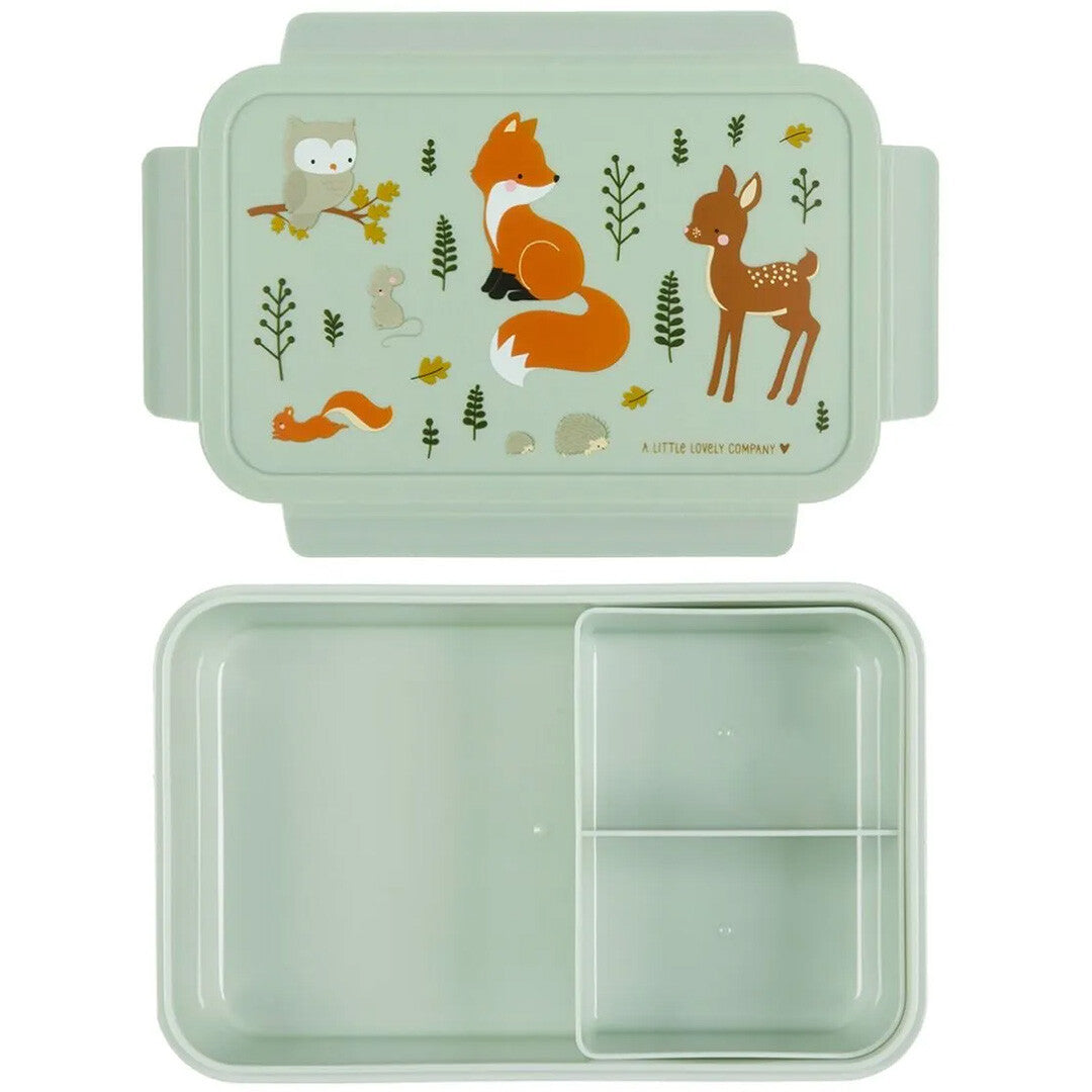A little lovely company broodtrommel voor kinderen met bosdierenprint, open met zicht op het vakjesblad.